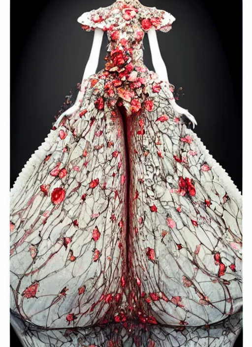 Prompt: a haute couture dress of melting roses and butterfly, costume design, by guo pei and ziad nakad, fluid dynamics, highly detailed