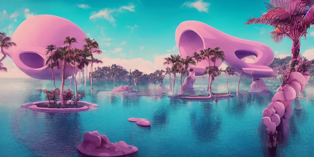 Image similar to artgem and Beeple masterpiece, hyperrealistic surrealism, award winning masterpiece with incredible details, epic stunning, infinity pool, a surreal vaporwave liminal space, highly detailed, trending on ArtStation, calming, meditative, pink arches, palm trees, very vaporwave, very very surreal, sharp details, dreamscape, giant head statue ruins