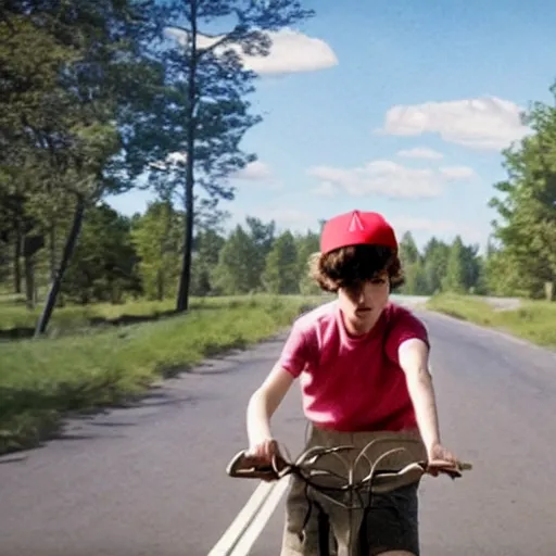 Image similar to eleven from stranger things riding a bike