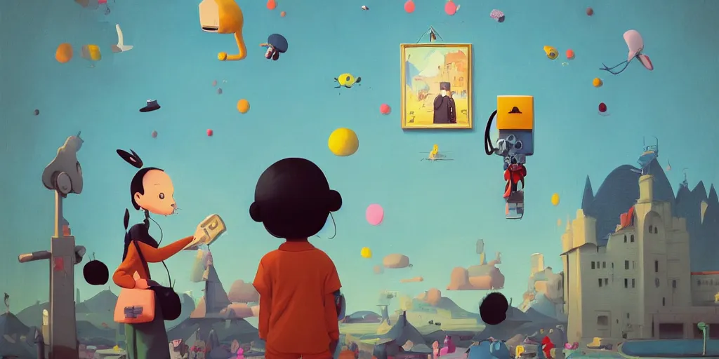 Prompt: cute cartoon artist with a paintbrush in front of the mona lisa by goro fujita and simon stalenhag and wes anderson and alex andreev and chiho aoshima and beeple and banksy and kandinsky and magritte and basquiat and picasso, 8 k, trending on artstation, hyper detailed, cinematic