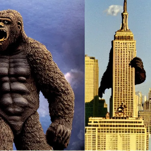 Image similar to george w bush as king kong fighting osama bin ladin as godzilla in front of the world trade centers with two airplanes in the sky