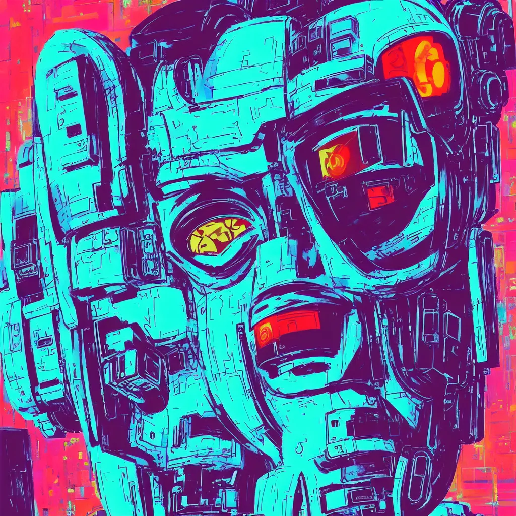 Image similar to risograph style gouache impasto huge robot head, cyberpunk art by by james gilleard, cgsociety, retrofuturism, synthwave, retrowave, outrun