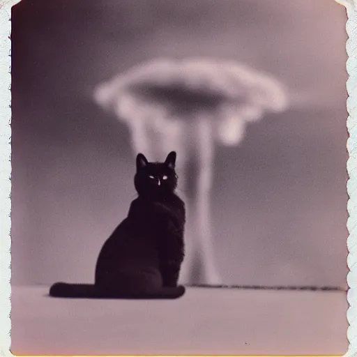 Image similar to polaroid photo of a cat watching a mushroom cloud in the background