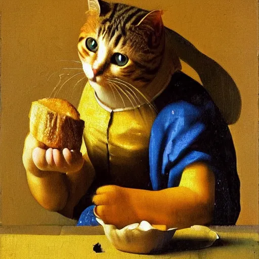Prompt: A portrait of a cat eating a single sandwich oil painting by Johannes Vermeer