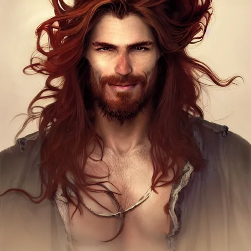 Image similar to portrait of a young ruggedly handsome but joyful pirate, male, masculine, soft hair, upper body, red crimson crimson hair, long long flowing hair, fantasy, wide smirk, intricate, elegant, highly detailed, digital painting, artstation, concept art, matte, sharp focus, illustration, art by artgerm and greg rutkowski and alphonse mucha