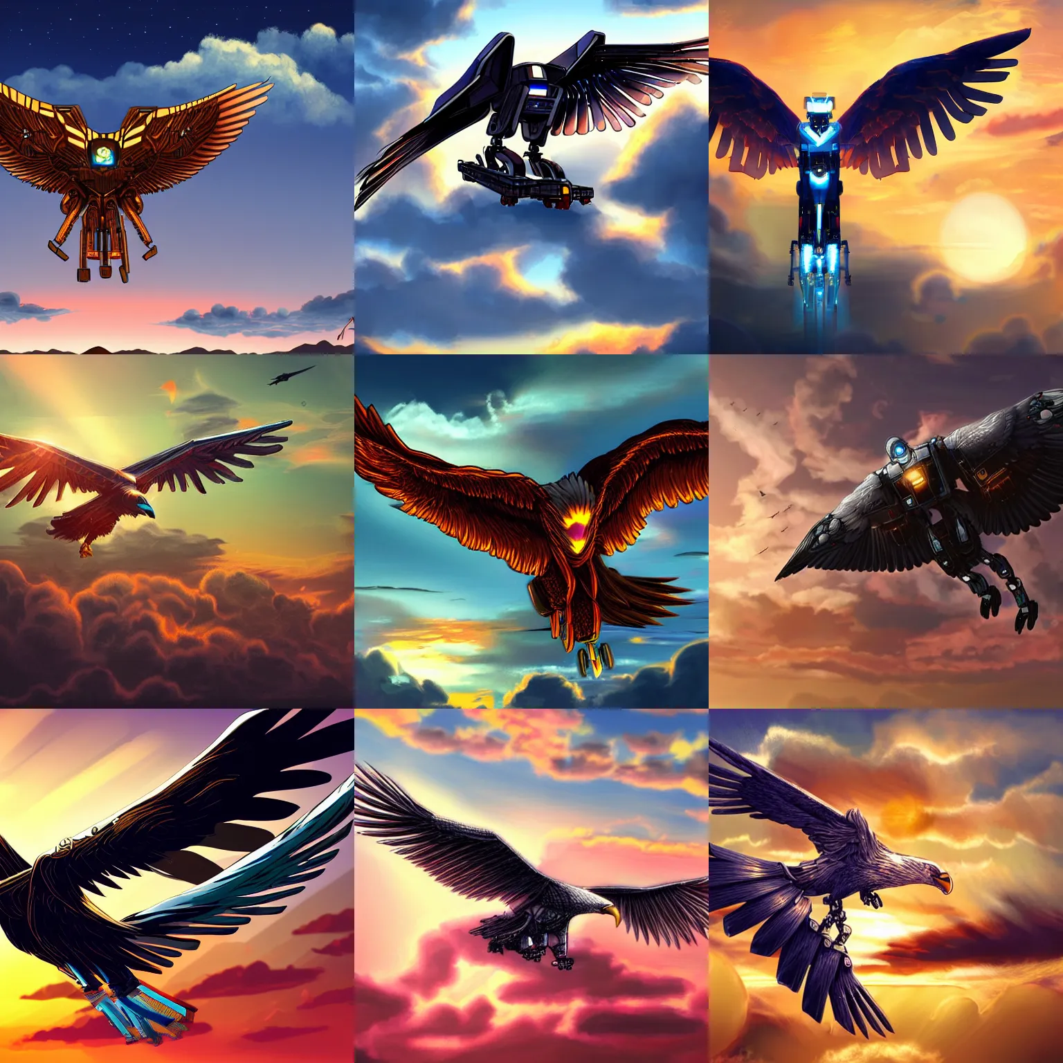 Prompt: a robot eagle flying the sky, sunset, mechanical terathopius ecaudatus, fluffy clouds, beautiful digital art, pixiv