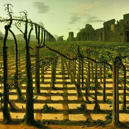 Image similar to a data center filled with server racks surrounded by ancient ruins and covered in vines, Caspar David Friedrich, oil painting