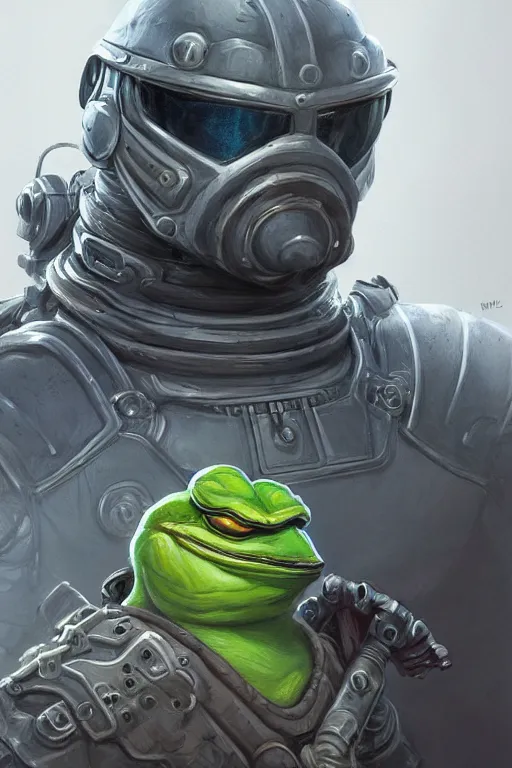 Image similar to Portrait of pepe with a spoon wearing futuristic power armor, fantasy, intricate, highly detailed, digital painting, trending on artstation, sharp focus, illustration, style of Stanley Artgerm and Greg Rutkowski and Dan Mumford