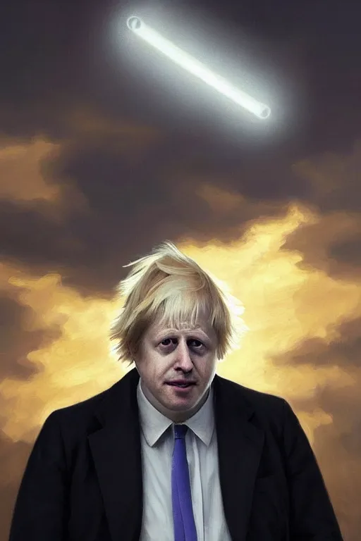 Image similar to a realistic portrait of Boris Johnson as Grim Reaper, masculine figure, bright hopeful atmosphere, volumetric lights, beam of bright light through the clouds, intricate, elegant, highly detailed, extremely detailed, digital painting, artstation, concept art, matte, smooth, sharp focus, hyper realistic, illustration, art by Artgerm and Greg Rutkowski and Alphonse Mucha