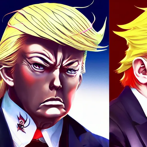 Image similar to anime portrait of trump x elon musk hybrid as an anime antagonist by Stanley Artgerm Lau, WLOP, Rossdraws, James Jean, Andrei Riabovitchev, Marc Simonetti, and Sakimichan, trending on artstation