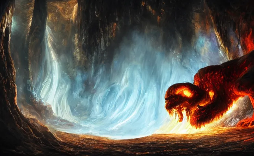 Prompt: a hyper-realistic oil painting of Balrog in the caves of Moria; swirling sheets of light and fire; hyper-detailed; an extraordinary masterpiece!!!; flawless; trending on artstation