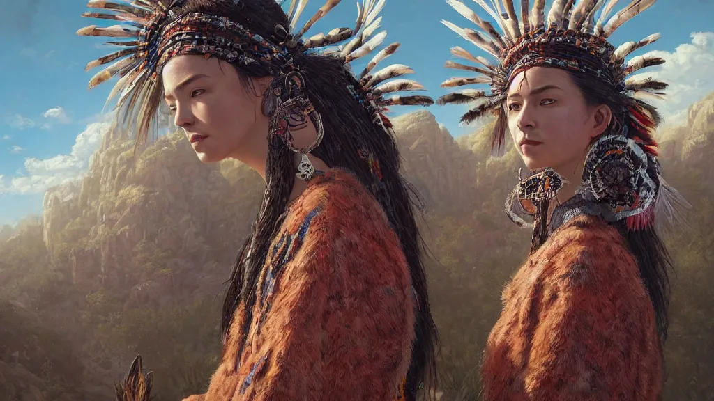 Prompt: highly detailed portrait of a n indigenous woman, feathered headdress, traditional clothing, unreal engine, fantasy art by greg rutkowski, ferdinand knab, makoto shinkai and lois van baarle, ilya kuvshinov, rossdraws, tom bagshaw, global illumination, radiant light, detailed and intricate environment