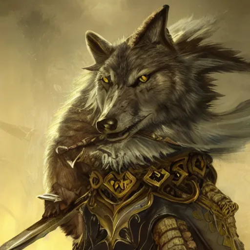 Prompt: Wolf, Anthropomorphized, as warlord general, magic the gathering artwork, D&D, fantasy, cinematic lighting, centered, symmetrical, highly detailed, digital painting, artstation, concept art, smooth, sharp focus, illustration, volumetric lighting, epic Composition, 8k, art by Akihiko Yoshida and Greg Rutkowski and Craig Mullins, heroic pose, oil painting, cgsociety, Battlefield background, explosions, arrows