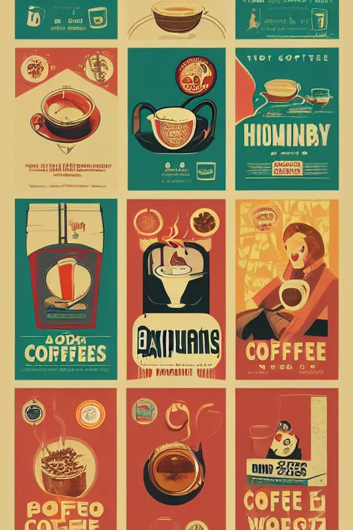 Prompt: a series of posters with coffee related items, poster art by Tom Whalen, trending on behance, pop art, pop art, behance hd, repeating pattern