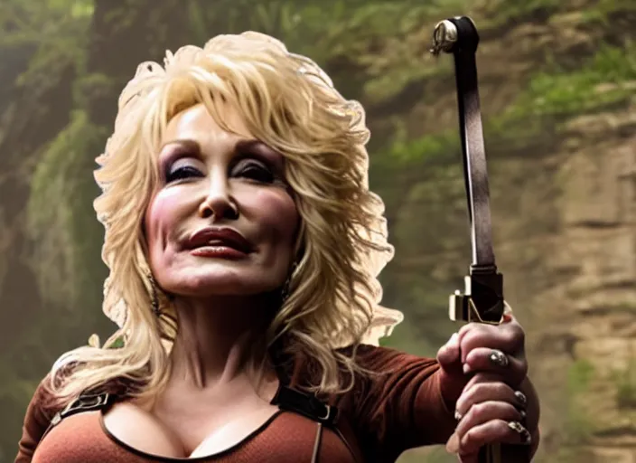 Image similar to film still of!!!! dolly parton!!! as lara croft in new tomb raider movie, 8 k