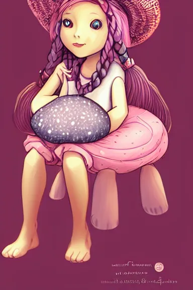 Prompt: a beautiful little girl wearing a mushroom hat in dress sitting on her bed with a bunny in her lap | | purple hair with braids, pretty face, fine details, art by jasper ejsing and lois van baarle, trending on pixiv, anatomically correct, perfect composition, symmetrical