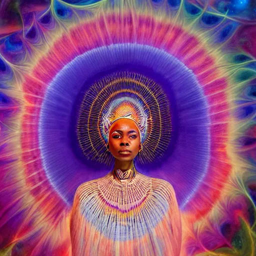 Image similar to obatala the african cosmic queen sitting in a cabana made of nebula clouds, by Adi granov and afarin sajedi and amanda sage and evgeni gordiets and Agostino Arrivabene in a psychedelic portrait style, ultrarealistic matte painting, volumetric lighting, fractal, extremely symmetrical, highly detailed face, orisha, 8k, hd