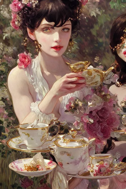 Prompt: a beautiful painting of afternoon tea, rose, black tea, highly detailed, shimmering and prismatic, rococo, by krenz cushart and mucha and monet, trending on artstation.