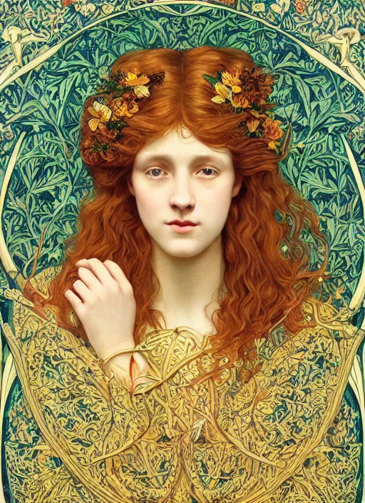 Image similar to masterpiece beautiful seductive flowing curves preraphaelite face portrait photography, sam spratt, extreme close up shot, straight bangs, thick set features, yellow ochre ornate medieval dress, amongst foliage mushroom forest circle arch, william morris and kilian eng and mucha, framed, 4 k