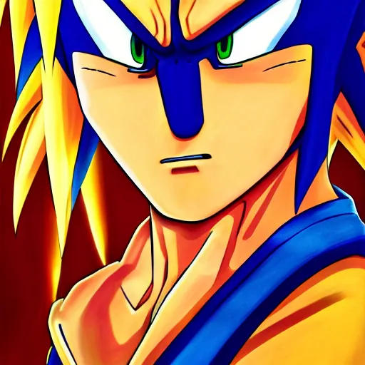 Prompt: ultra realistic portrait painting of a fusion of sonic and goku, art by masashi kishimoto, 4 k, naruto artstyle, cel shaded, highly detailed, epic lighting