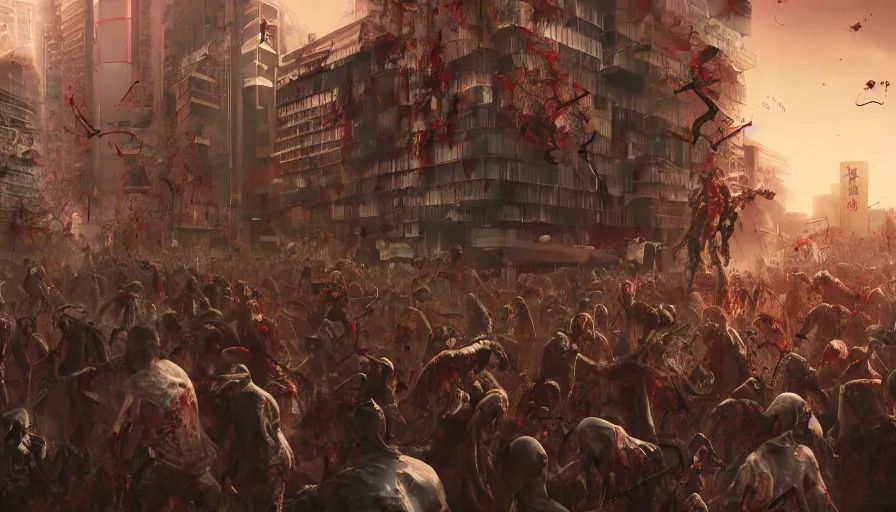 Image similar to Zombie invasion in Tokyo, hyperdetailed, artstation, cgsociety, 8k