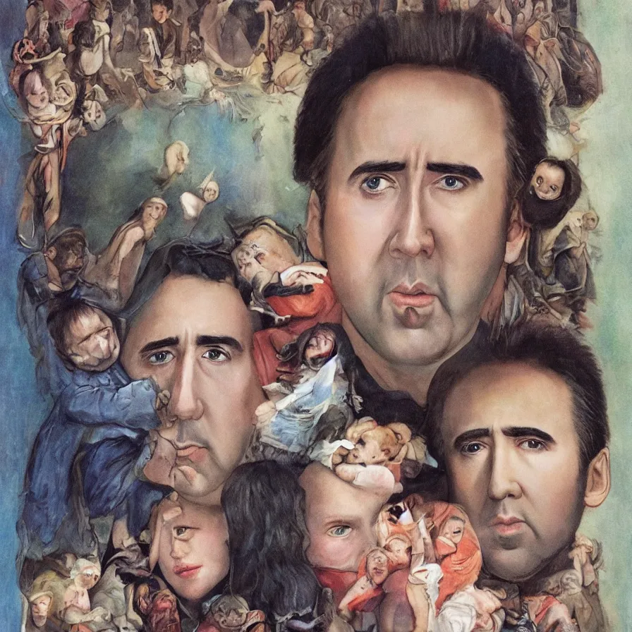 Image similar to a beautiful Nicolas Cage with large eyes and small nose, children\'s book cover