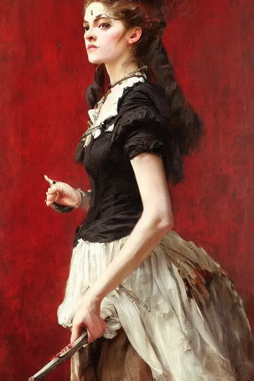 Image similar to Solomon Joseph Solomon and Richard Schmid and Jeremy Lipking victorian genre painting full length portrait painting of a young beautiful woman traditional german french pirate wench in fantasy costume, red background