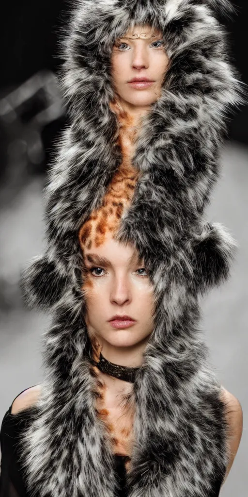 Prompt: a beautiful cyborg made of animal print fur