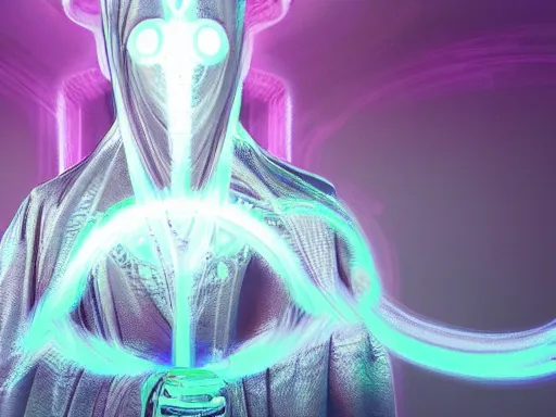 Prompt: a gray faceless figure, ascended, robot wizard, NPC with a saint\'s halo, saintly halo behind their head made of neon filigree, consulting the cyber oracle of all knowledge, at the end of time, in an esoteric ritual exchange of physical code, 8k, 4k, unreal 5, DAZ, trending on artstation, octane render, abstract painting, bright blue future, rule of thirds