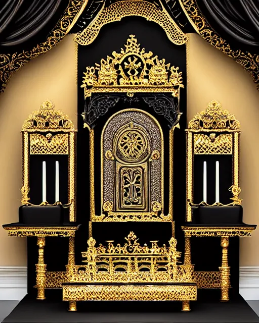 Image similar to royal ornate black ebony altar of realistic detailed owl sanctuary stronghold fortress with golden filigree carved out of ivory