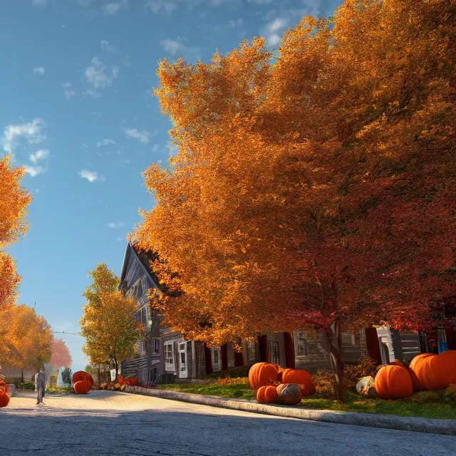 Image similar to small new england colonial city street with shops and pumpkins, maple trees with fall foliage, new hampshire mountain, stone walls, volumetric, realistic, cinematic lighting, ray tracing, unreal engine 5, octane render, hyper realistic, photo, 8 k