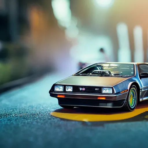 Image similar to a commercial photography of a hot wheels delorean car on a suburban street diorama scene, cinematic lighting, product shot, detailed, hq, macro lens