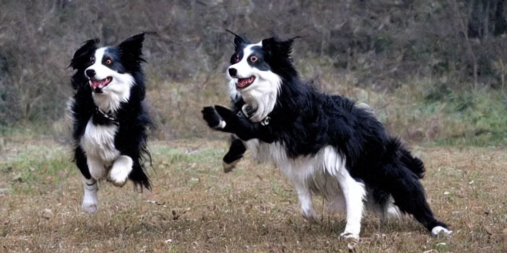 Image similar to border collie in robocop armor chasing flying saucers. Anime. Ultra-realistic.