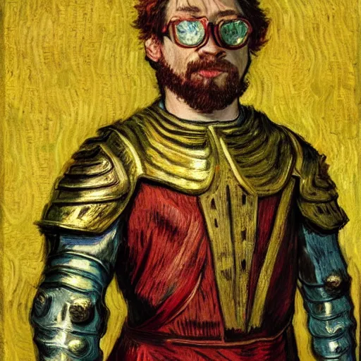 Prompt: Sam Hyde as a Roman warrior wearing gold and red armor, elegant suit, looking at bloody fist, portrait art by Vincent van Gogh, highly detailed, digital painting, concept art, illustration, dim lighting with twilight rays of sunlight, trending on artstation, very detailed, smooth, sharp focus, octane render, close up