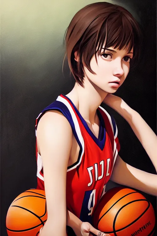 Image similar to A ultradetailed beautiful panting of a stylish girl wearing a basketball jersey, she is holding a basketball, Oil painting, by Ilya Kuvshinov, Greg Rutkowski and Makoto Shinkai