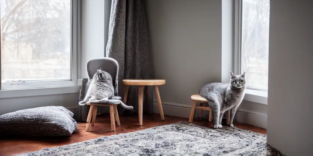 Prompt: a grey cat sleeping by the window in the sunlight, afternoon sun, small room with one chair and a rug