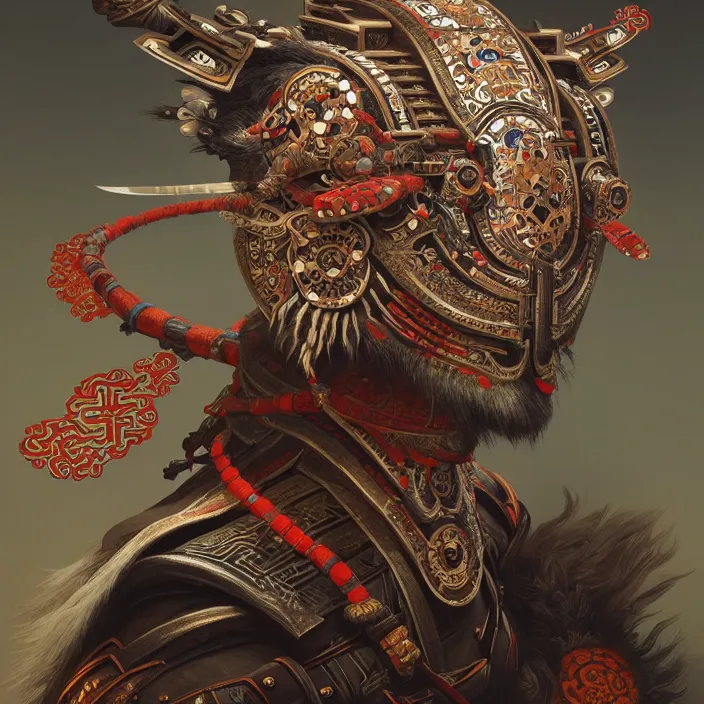 Prompt: symmetry! portrait of a hybrid old male warrior, face decorated with chinese opera motifs, leds horizon zero dawn machine, intricate, elegant, highly detailed, digital painting, artstation, concept art, smooth, sharp focus, illustration, art by artgerm and greg rutkowski and alphonse mucha, 8 k