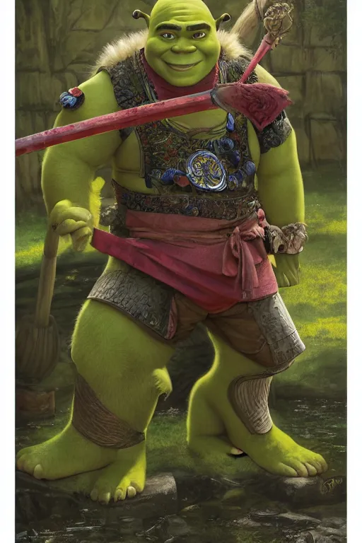 Image similar to shrek as a samurai, looking at the viewer, in the style of Lilia Alvarado, Sophie Anderson, Mark Arian, Bob Byerley, Charlie Bowater, Mark Brooks, Steve Henderson, Justin Gerard, Arthur Hughes, Edward Robert Hughes, Mark Keathley, Victor Nizovtsev, Carlos Shwabe, Ross Tran, WLOP