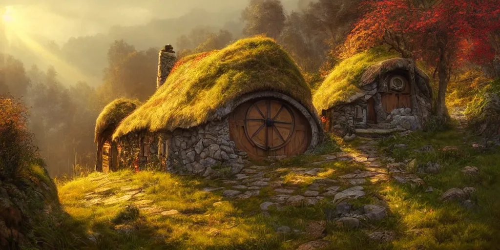 Image similar to a hobbit cottage on top of a steep hill, greg rutkowski, zabrocki, moebius, karlkka, jayison devadas, highly detailed, photorealism, autumn sunlights, smoky atmosphere, ( ray of sunlight ), trending on artstation, 8 k, ultra wide angle, zenith view, pincushion lens effect