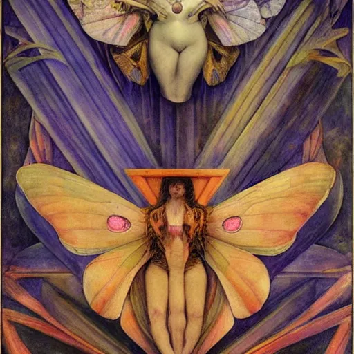 Image similar to moths attending their queen, by Annie Swynnerton and Diego Rivera and Evelyn De Morgan, symbolist, dramatic lighting, elaborate geometric ornament, god rays, soft cool colors,smooth, sharp focus, extremely detailed, Adolf Wölfli