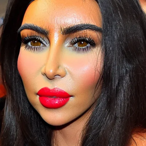 Image similar to Girl in colors, red lipstick on face, ugly look, style , Kim Kardashian look