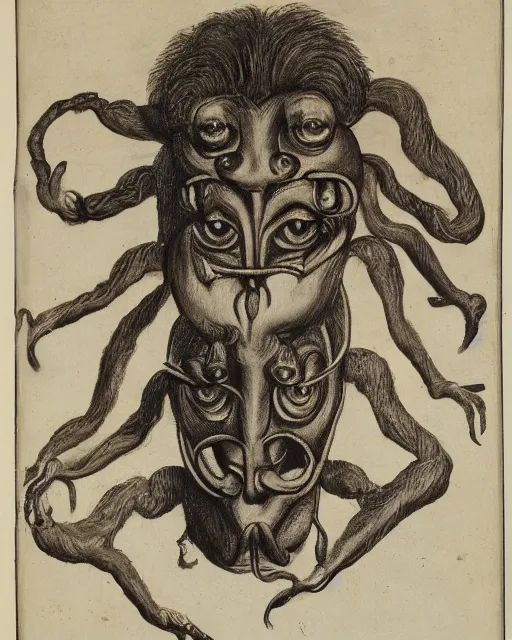 Prompt: a creature with four heads. one human head, second eagle head, third lion head, fourth ox head. drawn by francis bacon