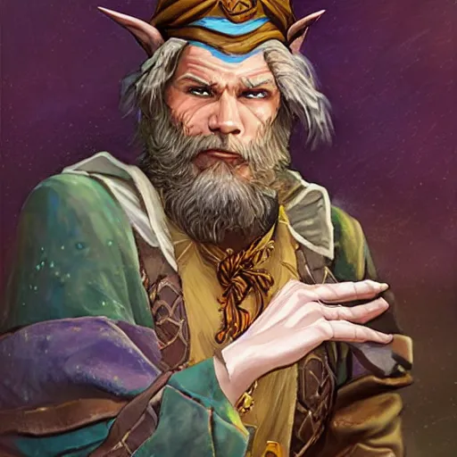 Image similar to Young bearded John Malkovich as Tarski Fiume, half-elf Time Wizard, iconic character art by Wayne Reynolds for Paizo Pathfinder RPG