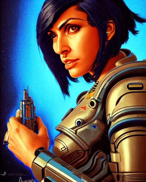 Image similar to pharah from overwatch, character portrait, portrait, close up, concept art, intricate details, highly detailed, vintage sci - fi poster, retro future, in the style of chris foss, rodger dean, moebius, michael whelan, and gustave dore