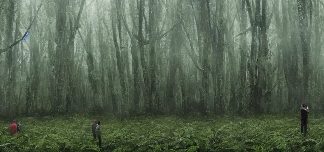 Prompt: tourists taking photos of a complex organic fractal 3 d metallic symbiotic ceramic humanoid megastructure skyscraper in a swampy lush forest, foggy, cinematic shot, photo still from movie by denis villeneuve