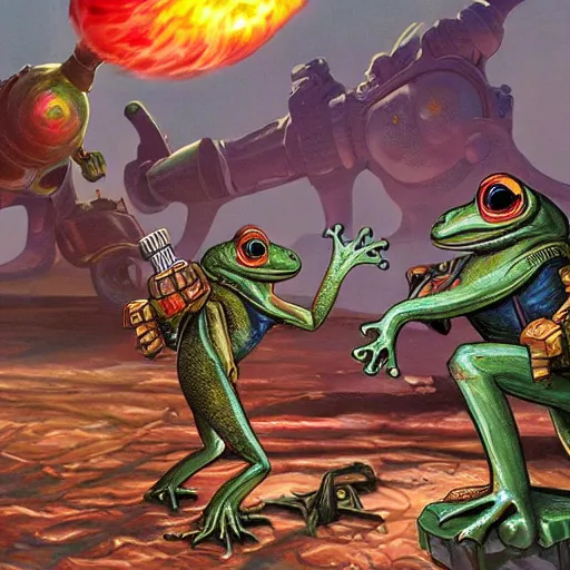 Image similar to frog-people battling martians, epic battle, red planet, laser weapons,