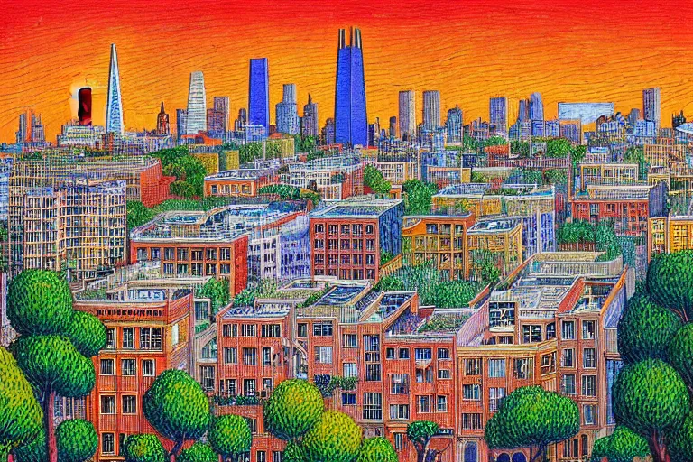 Image similar to a realistic San-Francisco cityscape, from the roof, tall terrace, hills, Golden Gate, houses, parks, and hell bursting by Louis Wain (1920), golden ratio, sharp linework, clean strokes, sharp edges, flat colors, cell shaded by moebius, Jean Giraud, trending on artstation