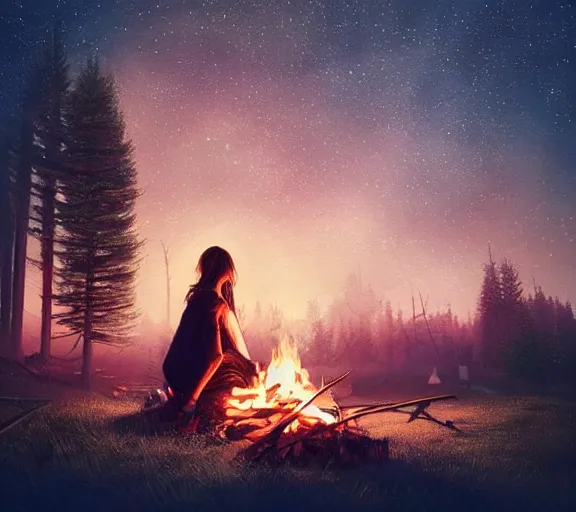 Image similar to woman sitting next to a campfire, cozy, night sky, digital art, highly detailed face, by conrad roset, by wlop, anime style, octane render