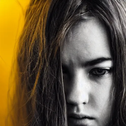 Image similar to a photo of a young woman. moody and melanchonic. with a little bit of red and yellow