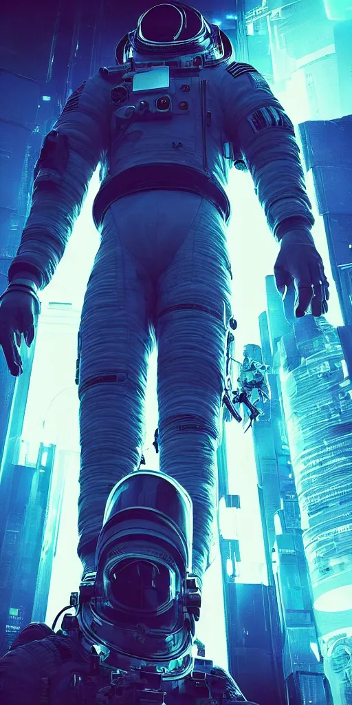 Prompt: professional photo of astronaut from front standing very close to camera from low angle shot, cyberpunk, synthwave, blade runner, hyperrealistic masterpiece, trending on artstation, cgsociety, kodakchrome, golden ratio, cinematic, composition, beautiful lighting, hyper detailed, sharp focus, octane render, 4 k, unreal engine
